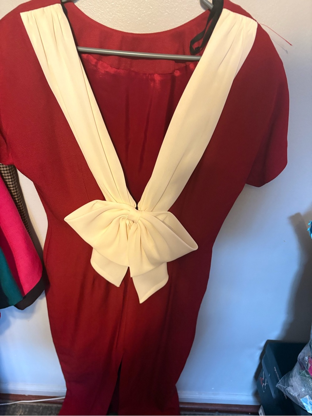 Red Sheath Dress with Cream Bow Accent